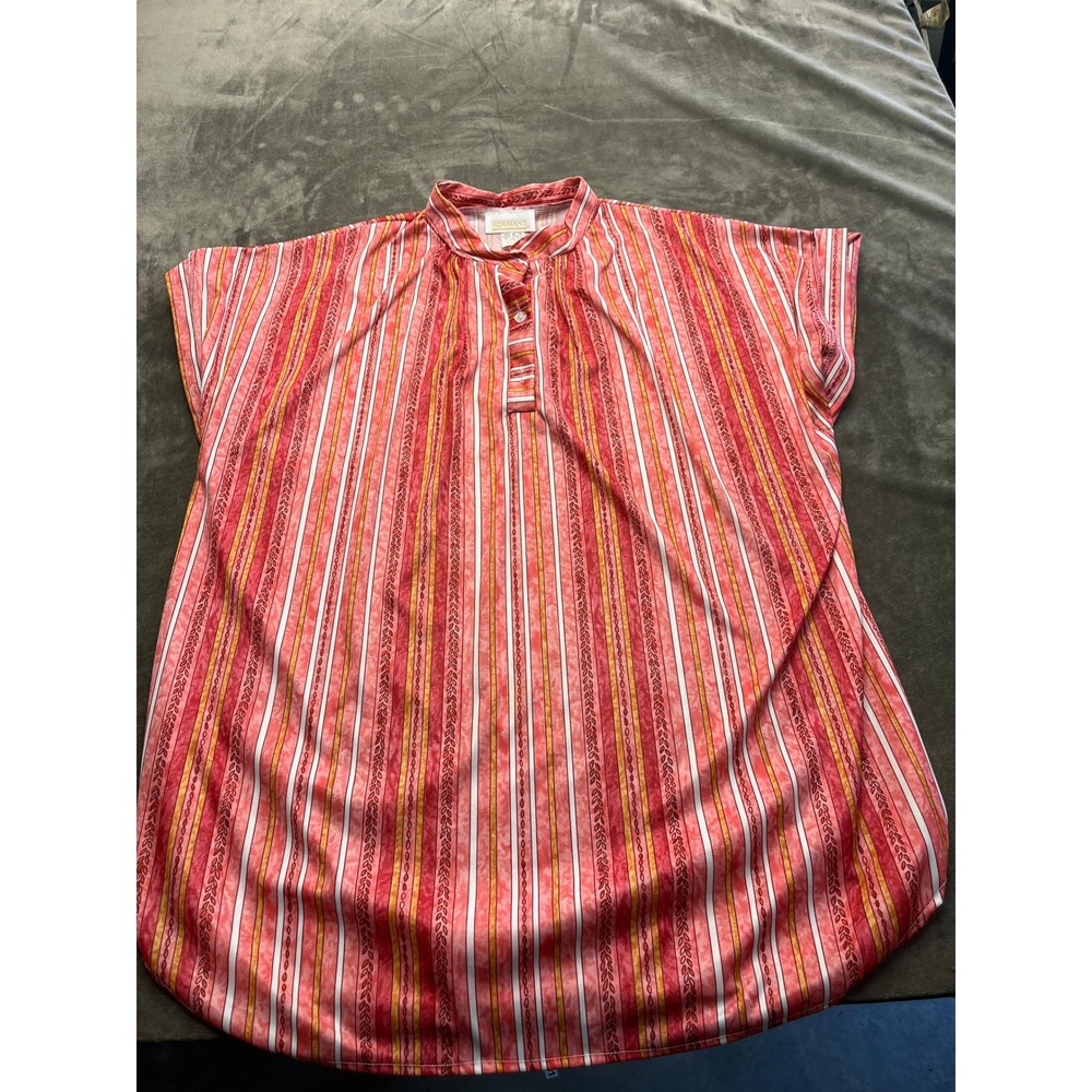 Roamans Vintage Red Striped Tunic Top Short Sleeve Mandarin Collar USA Made‎